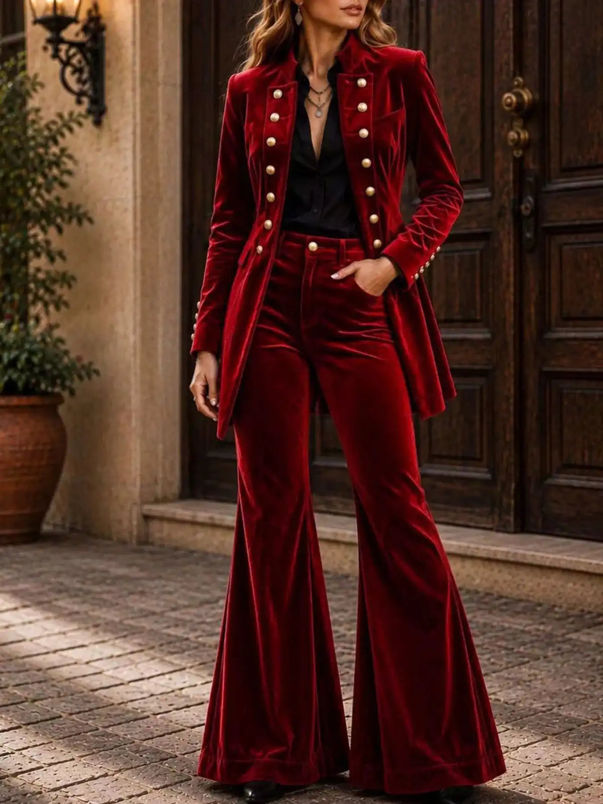 Velvet Double-Breasted Blazer and Flare Pants Set 101001710079074 99 Affordable Fashion Under $100 Jerry's Apparel 