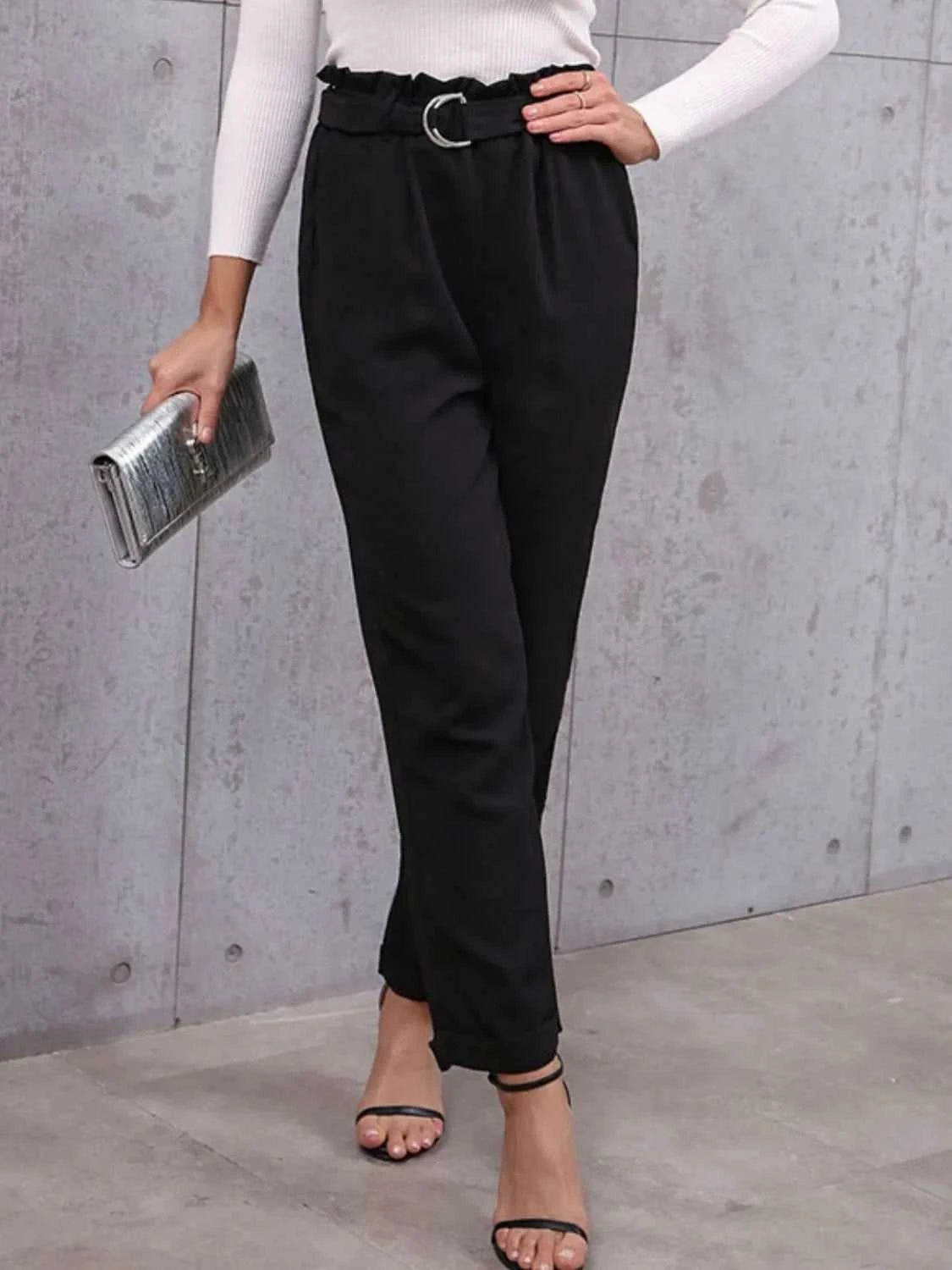 Belted Paperbag Waist Pants 100100696261209 36 Jerry's Apparel 