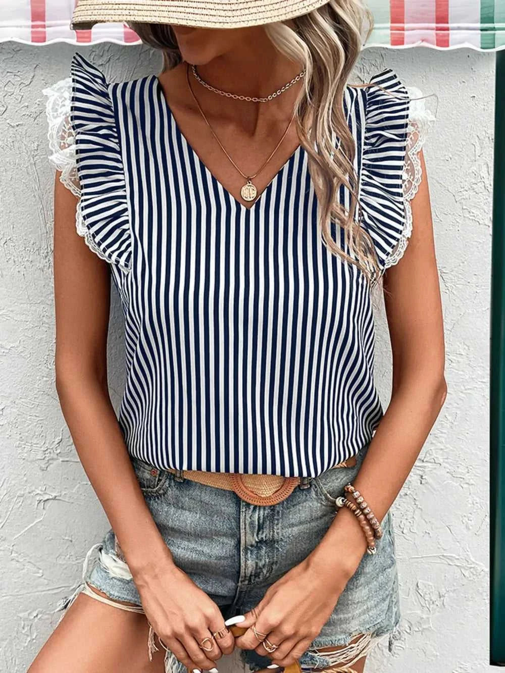 Perfee Lace Detail Ruffled Striped V-Neck Cap Sleeve Blouse 100100704281779 27 Affordable Fashion Under $100 Jerry's Apparel 
