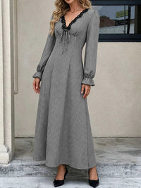 Gingham Lace-Trim V-Neck Long Sleeve A-Line Maxi Dress 101001996406806 52 Affordable Fashion Under $100 Jerry's Apparel 