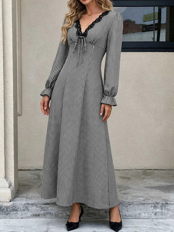 Gingham Lace-Trim V-Neck Long Sleeve A-Line Maxi Dress 101001996406806 52 Affordable Fashion Under $100 Jerry's Apparel 