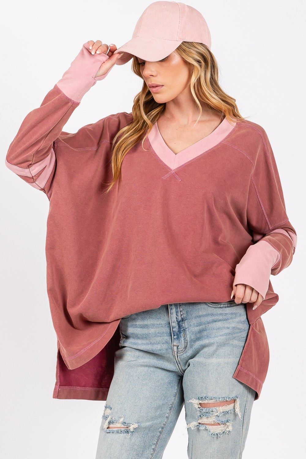 Mineral Wash Side Slit Contrast T-Shirt