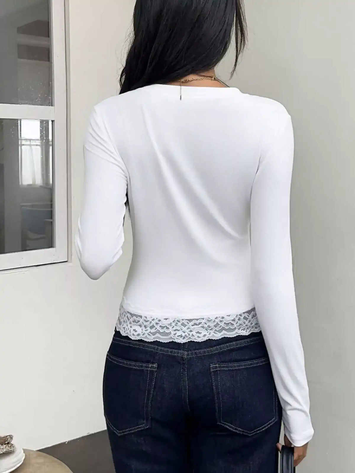 Slim-Fit Long Sleeve T-Shirt with Lace Hem 101001960296809 46 Affordable Fashion Under $100 Jerry's Apparel 