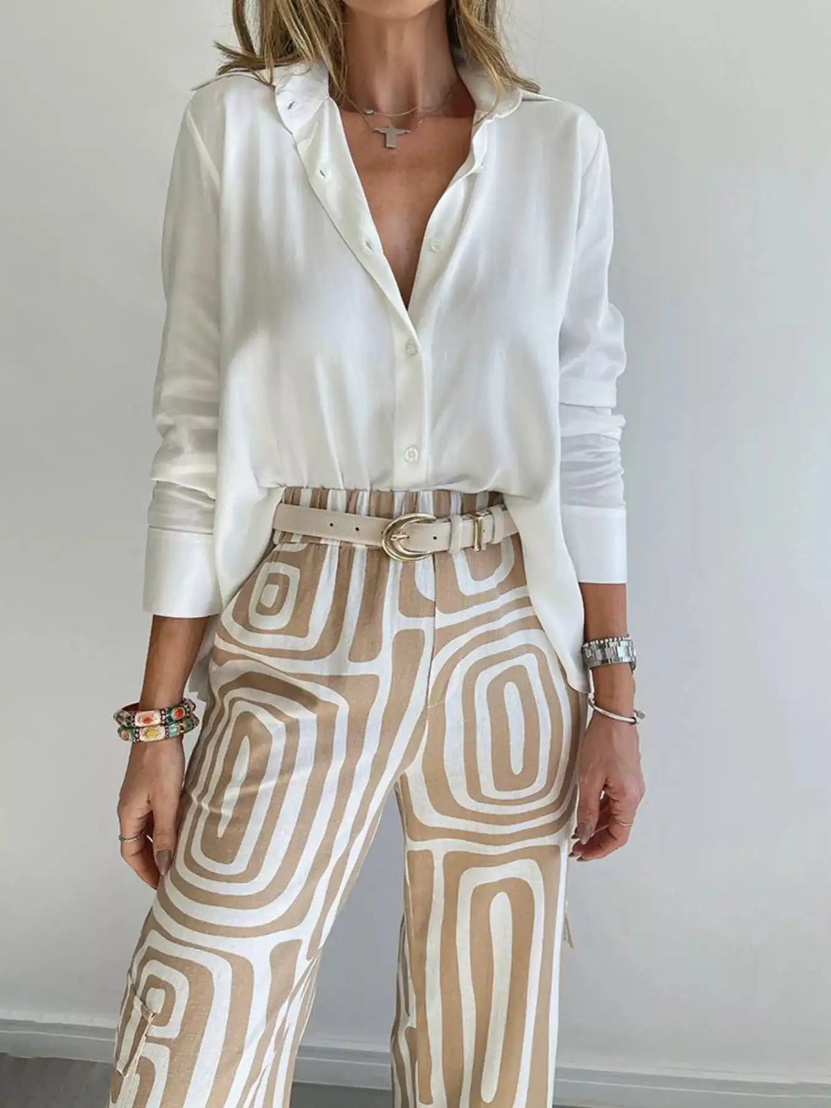 Full Size Chic Button-Down Shirt and Geometric Wide-Leg Pants Set Plus Size 101001328300968 50 Affordable Fashion Under $100 Jerry's Apparel 