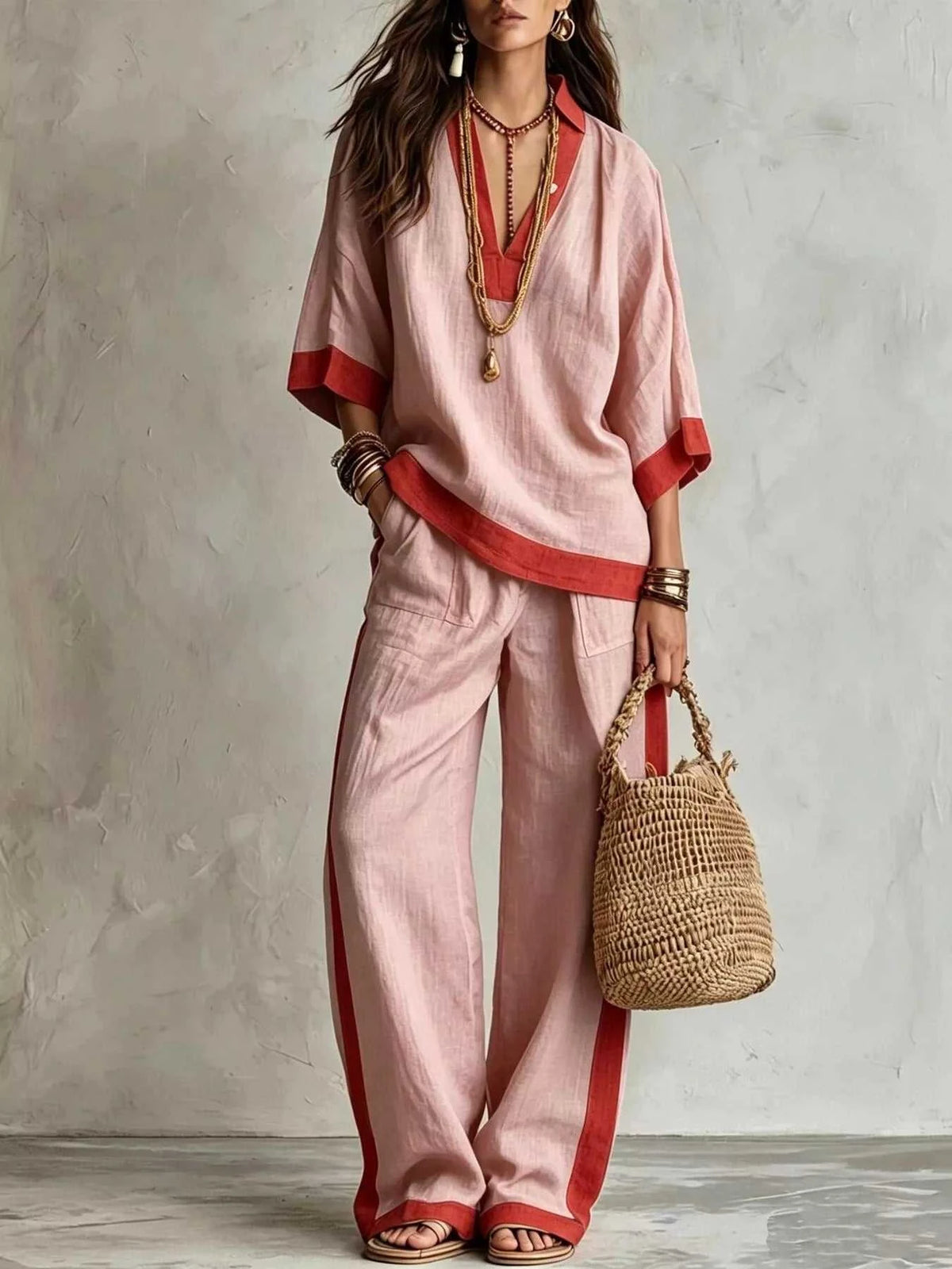 Full Size Contrast Trim Top and Wide Leg Pants Set Plus Size 101001012613218 46 Affordable Fashion Under $100 Jerry's Apparel 