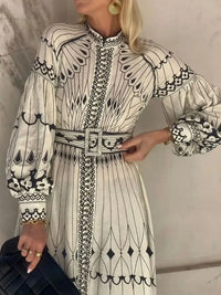 Printed Long Sleeve Shirt Dress with Belt