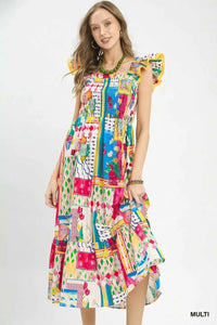 Umgee Abstract Print Smocked Ruffle Sleeve Tiered Midi Dress 100100818101442 66 Affordable Fashion Under $100 Jerry's Apparel 