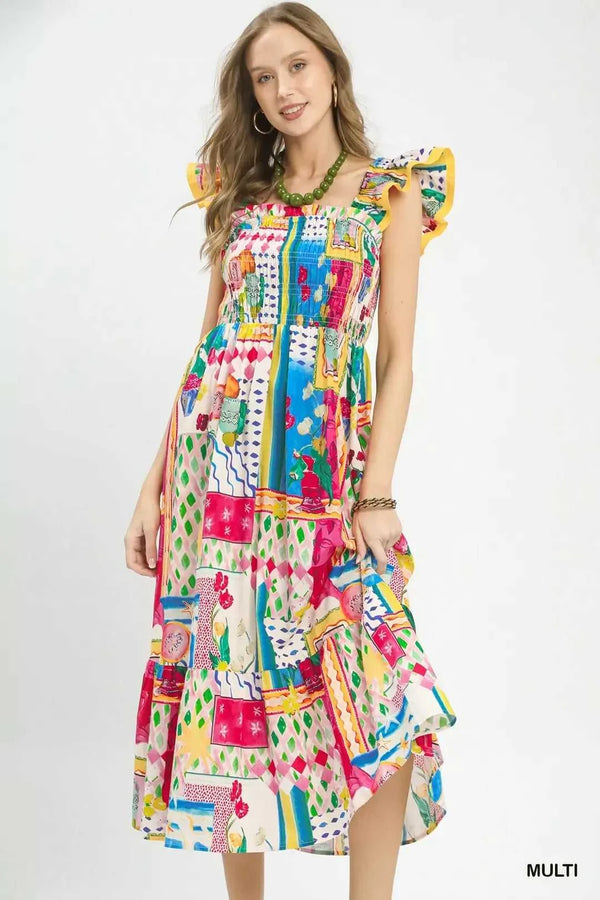 Umgee Abstract Print Smocked Ruffle Sleeve Tiered Midi Dress 100100818101442 66 Affordable Fashion Under $100 Jerry's Apparel 