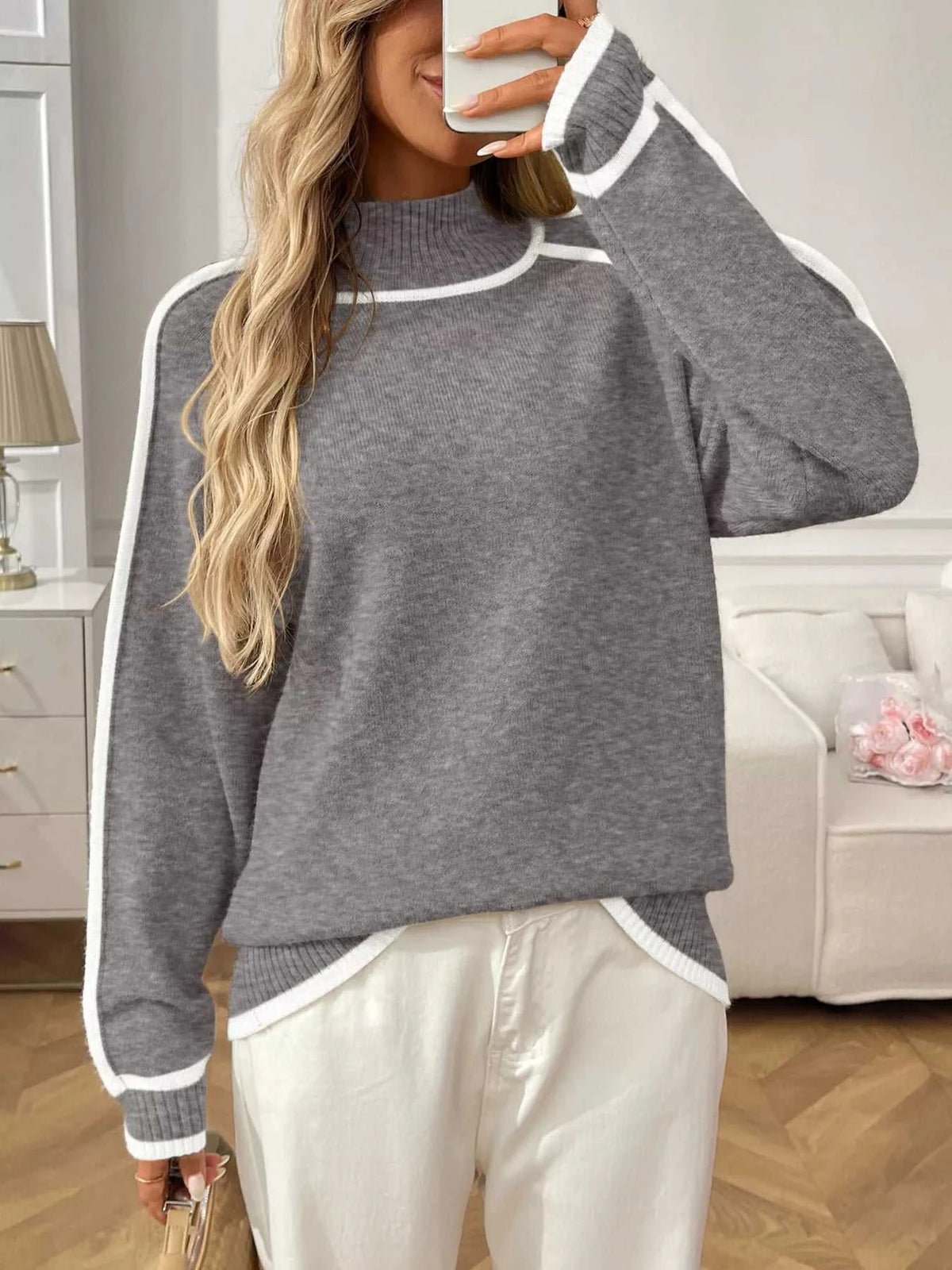 Contrast Trim Turtleneck Long Sleeve Sweater 100100412481042 50 Seasonal Fashion Collections Jerry's Apparel 