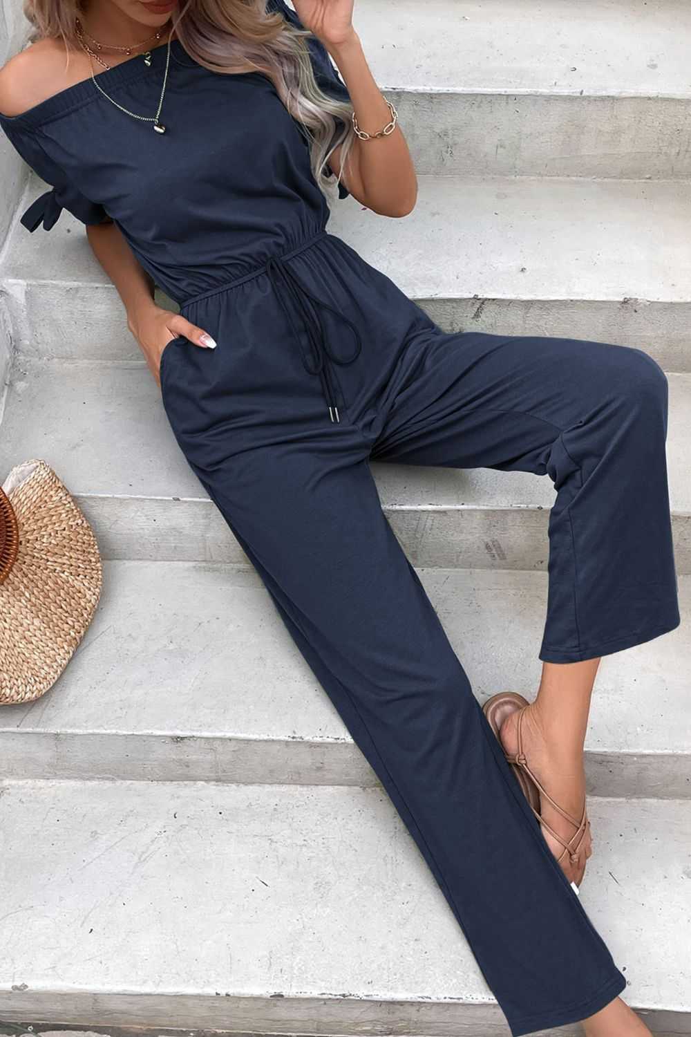 Perfee Off-Shoulder Tie Cuff Jumpsuit with Pockets 100100211197458 40 Affordable Fashion Under $100 Jerry's Apparel 
