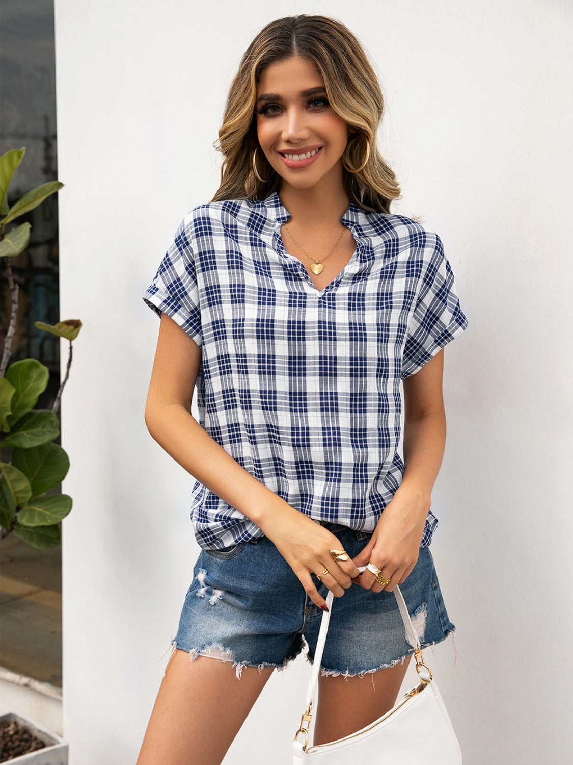 Ivy Lane Plaid Notched Short Sleeve Blouse