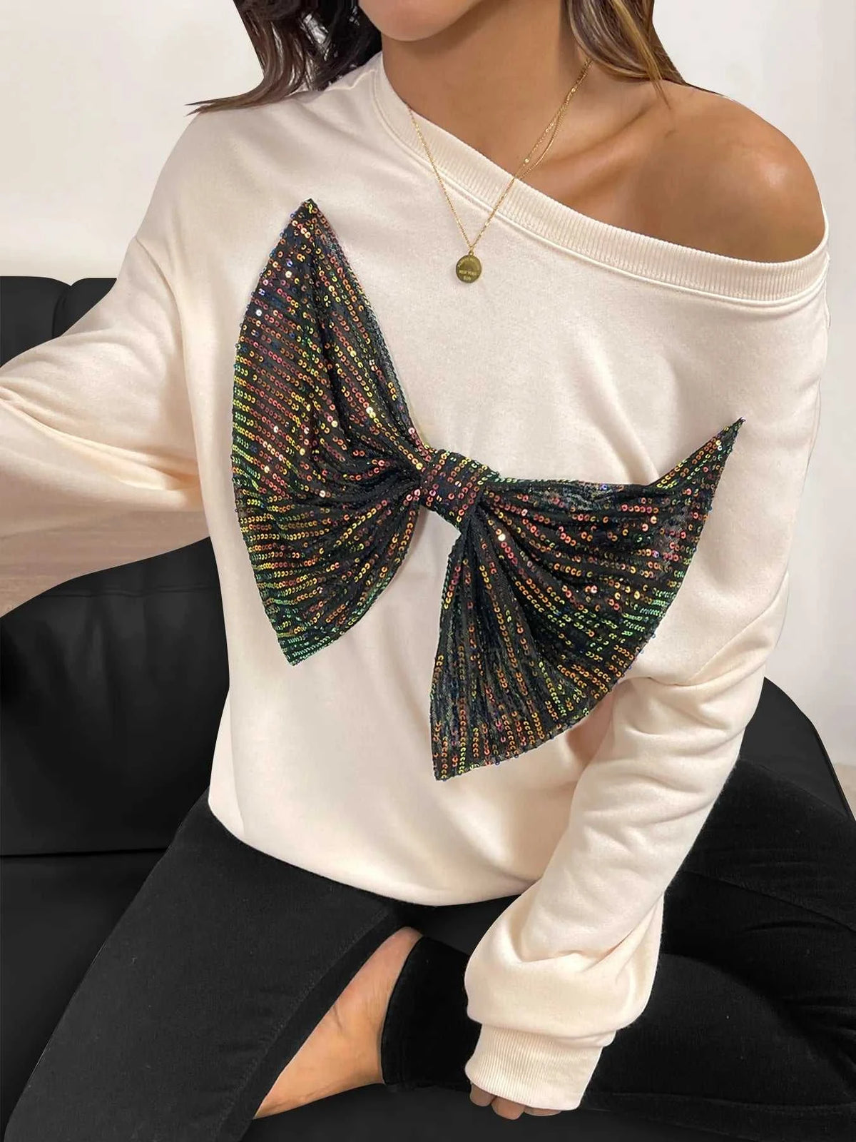 Sequined Bow Round Neck Sweatshirt 100100080296856 39 Affordable Fashion Under $100 Jerry's Apparel 