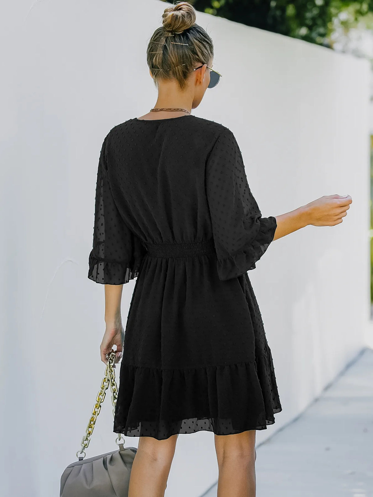 Swiss Dot Flare Sleeve Wrap Mini Dress