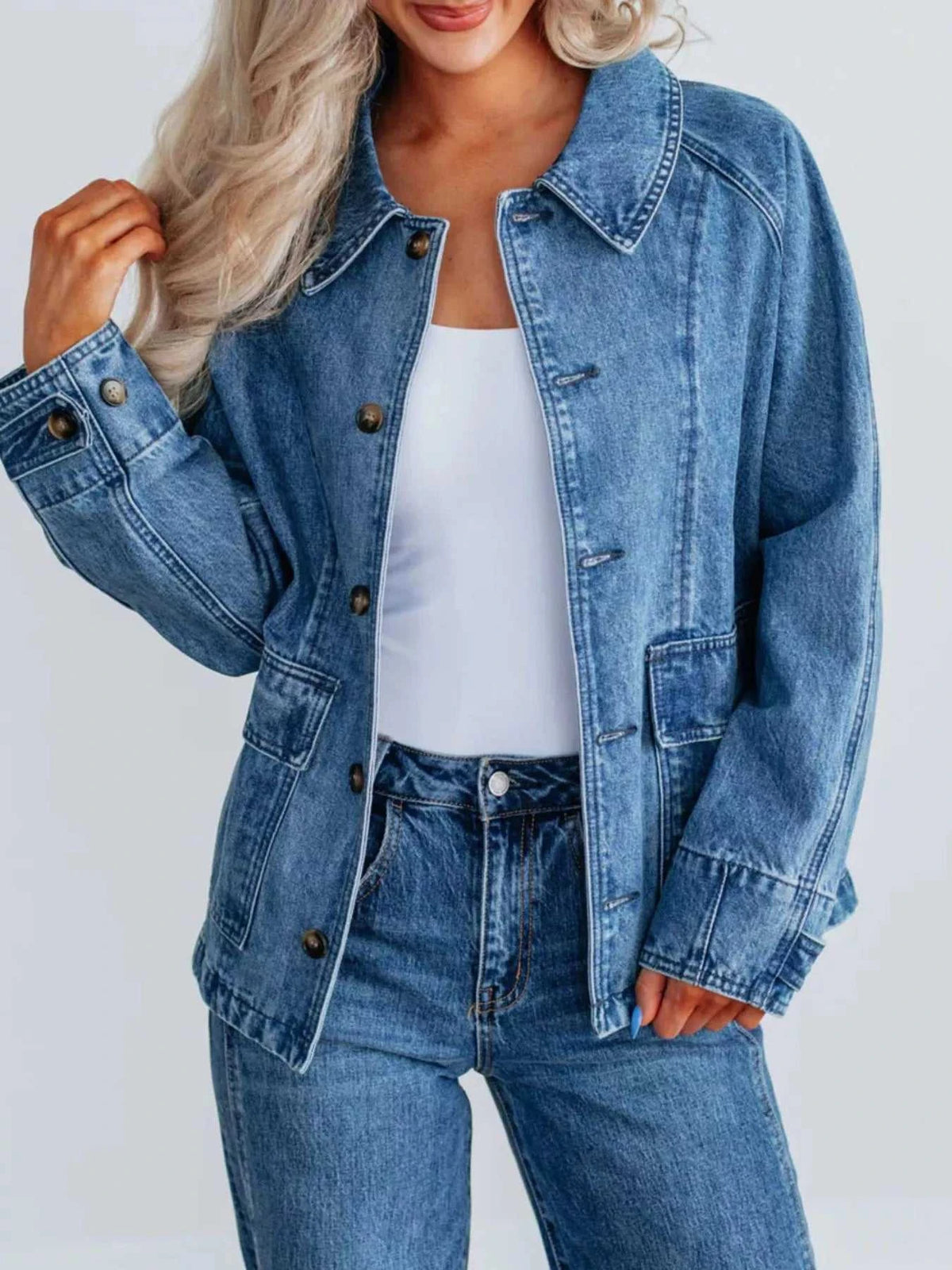 Button Up Raglan Sleeve Denim Jacket 100100287427335 64 Affordable Fashion Under $100 Jerry's Apparel 