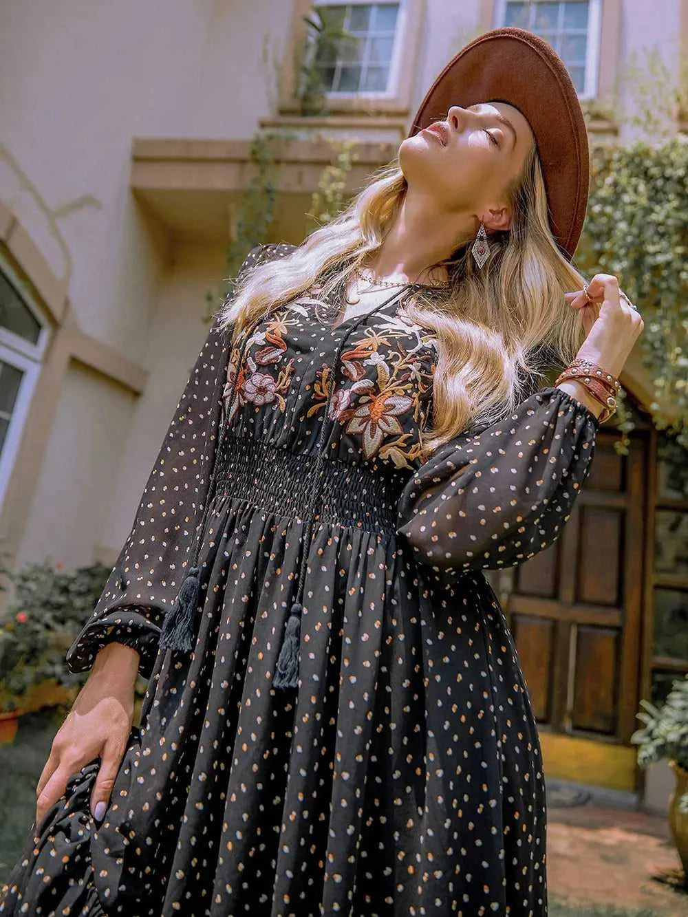 Embroidered Polka Dot Tie Neck Long Sleeve Midi Dress 100100423971743 52 Gifts for Her Jerry's Apparel 