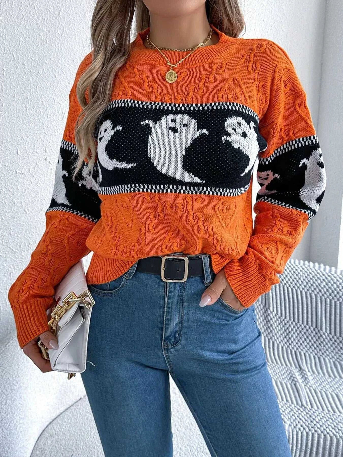 Halloween Ghost Pattern Textured Sweater 101002208811707 37 Affordable Fashion Under $100 Jerry's Apparel 
