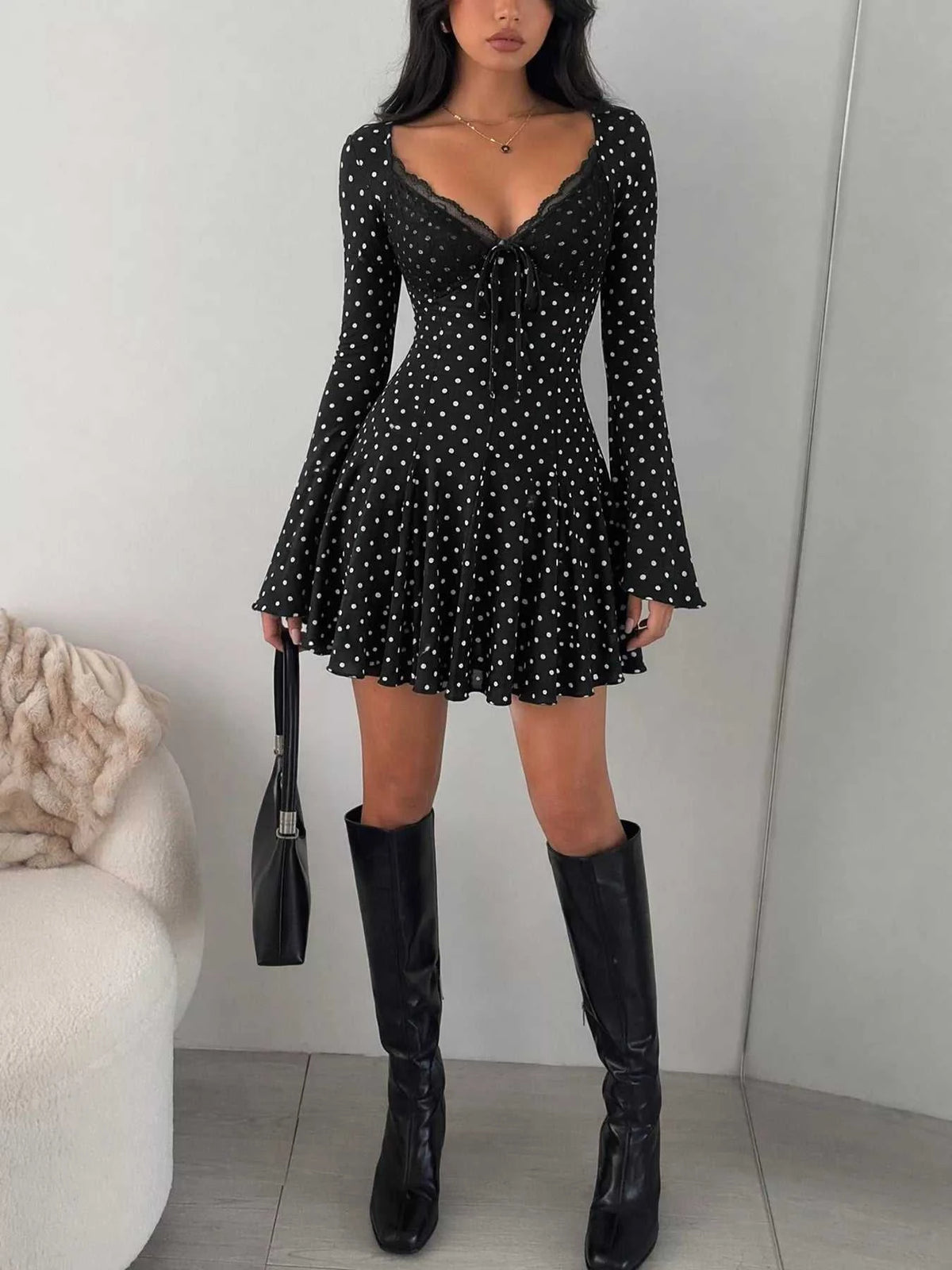 Polka Dot Lace Trimmed V-Neck Mini Dress 100100827615923 48 Affordable Fashion Under $100 Jerry's Apparel 