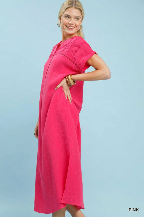 Umgee Button-Front Gauze Midi Dress with Lace Detail 100100808841221 62 Affordable Fashion Under $100 Jerry's Apparel 