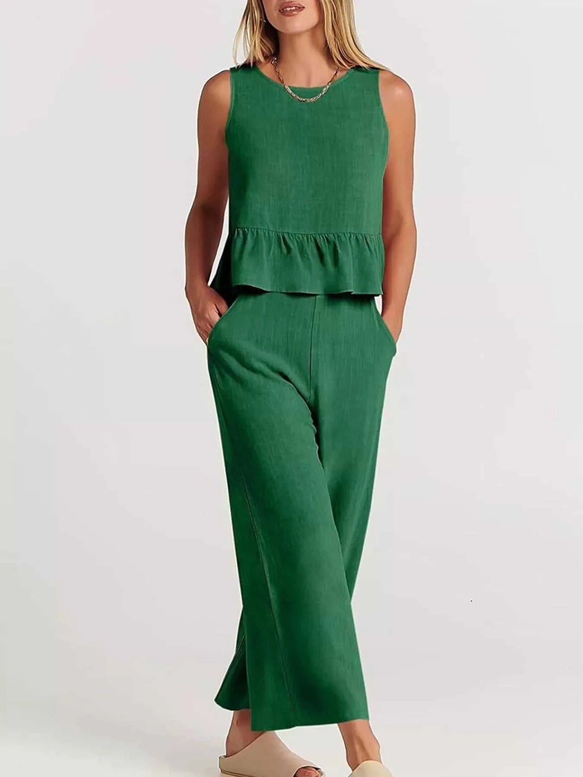 Full Size Ruffled Hem Sleeveless Top and Wide-Leg Pants Set Plus Size 100100048319818 31 Affordable Fashion Under $100 Jerry's Apparel 
