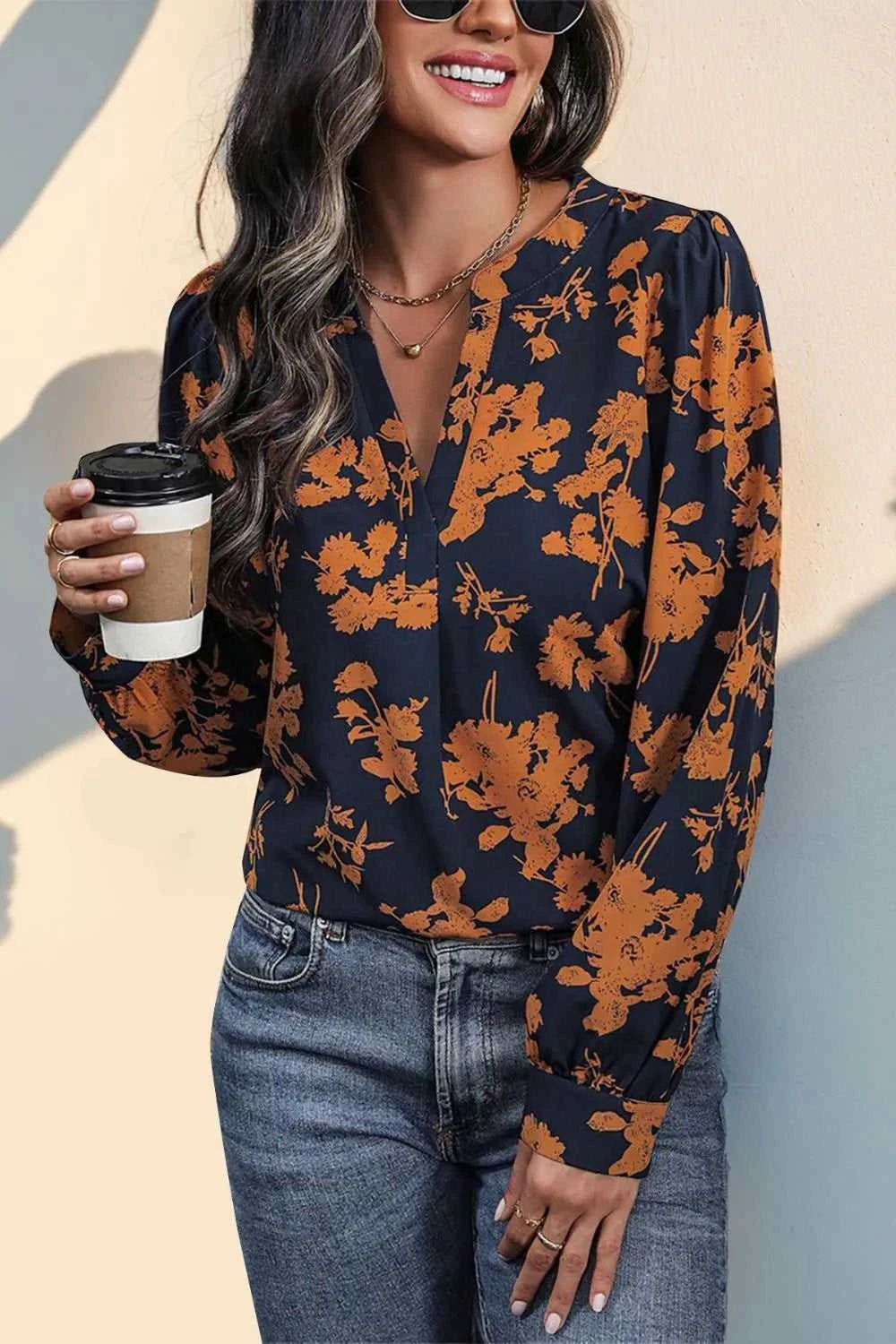 Perfee Printed Notched Long Sleeve Blouse 100100399161923 29 Affordable Fashion Under $100 Jerry's Apparel 