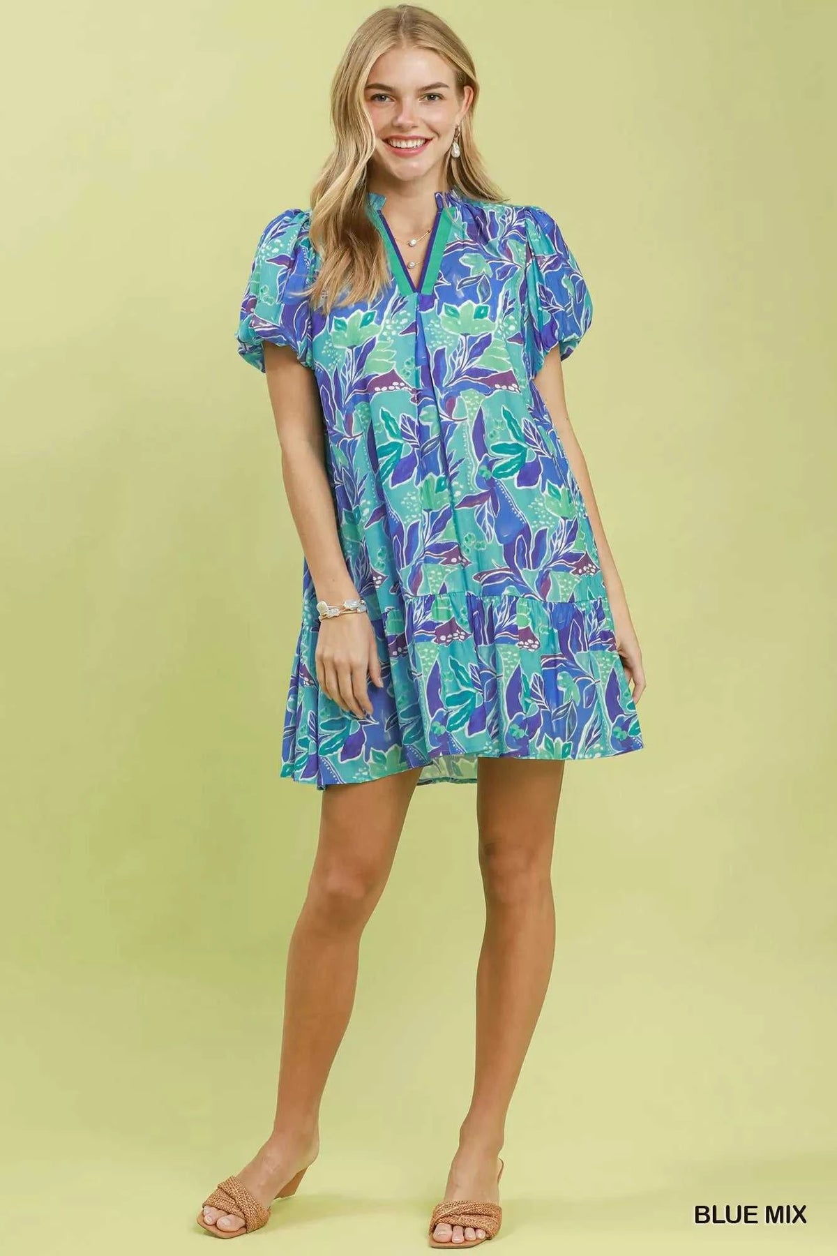 Umgee Tropical Floral Puff Sleeve Tiered Mini Dress 100100673611757 64 Affordable Fashion Under $100 Jerry's Apparel 