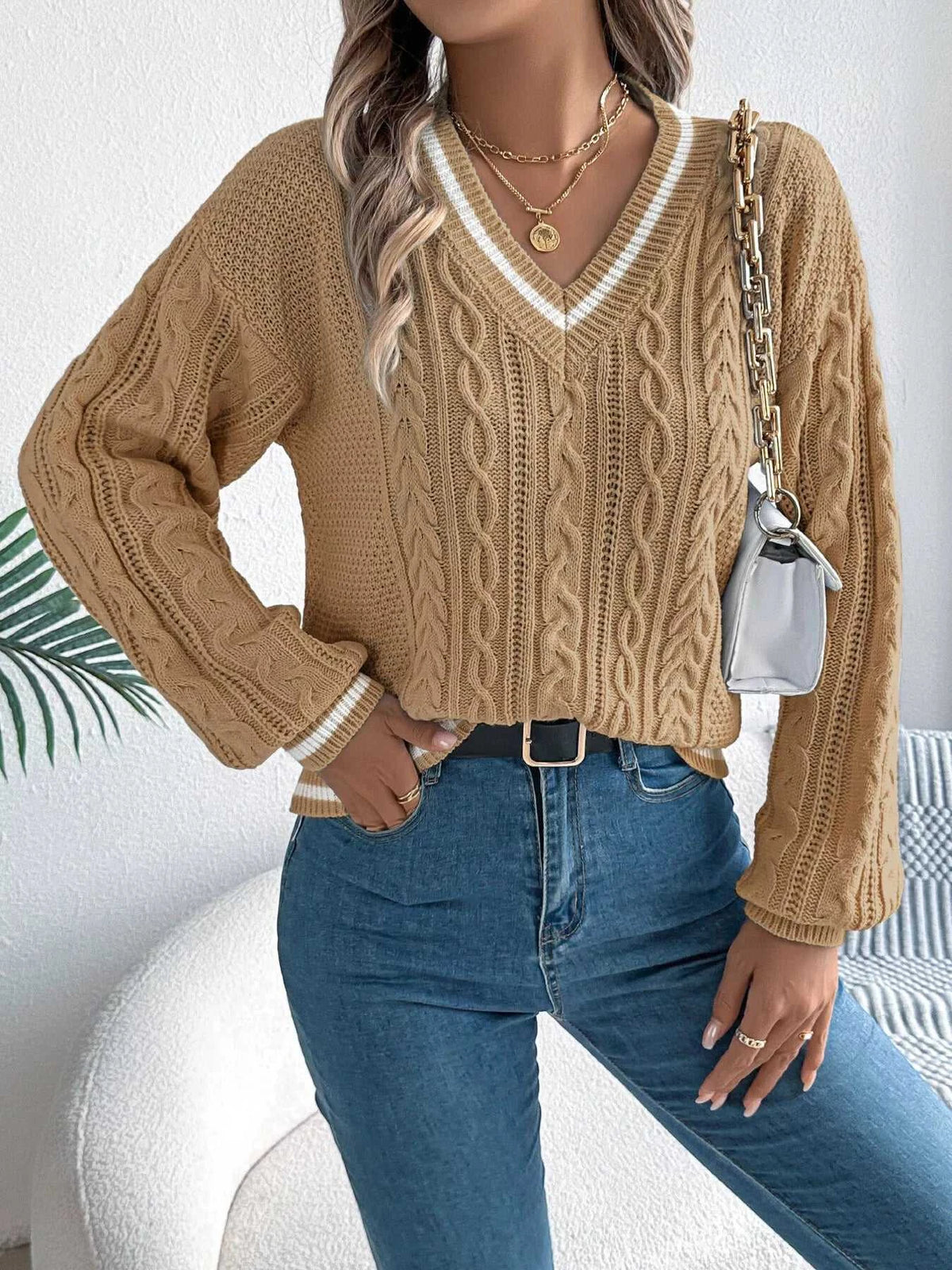 V-Neck Cable Knit Sweater with Striped Trim 101002502315459 35 Affordable Fashion Under $100 Jerry's Apparel 