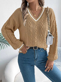 V-Neck Cable Knit Sweater with Striped Trim 101002502315459 35 Affordable Fashion Under $100 Jerry's Apparel 