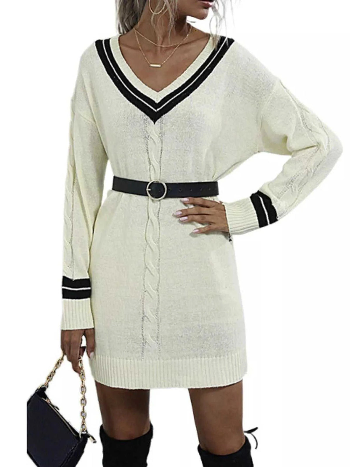 V-Neck Striped Trim Cable Knit Sweater Dress 100100385204687 52 Affordable Fashion Under $100 Jerry's Apparel 