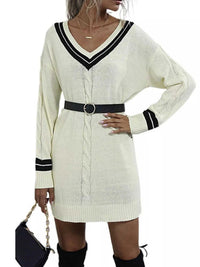V-Neck Striped Trim Cable Knit Sweater Dress 100100385204687 52 Affordable Fashion Under $100 Jerry's Apparel 