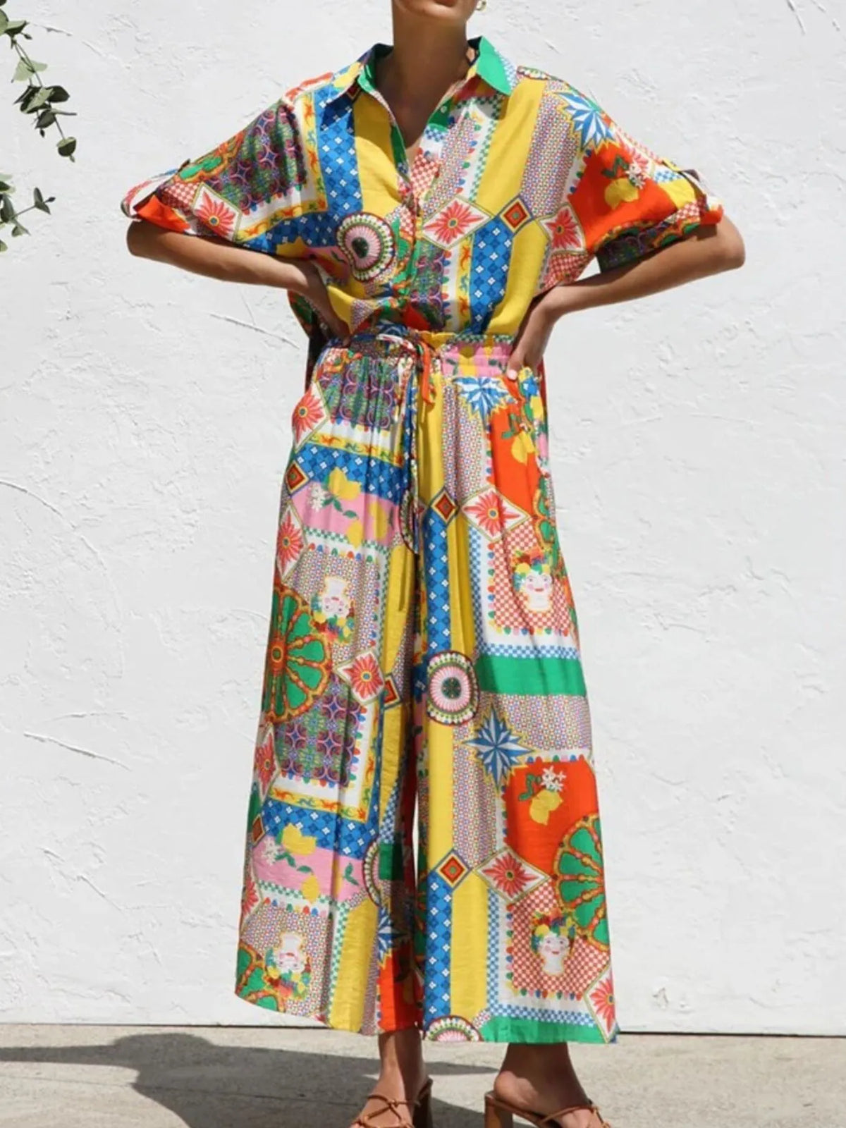Printed Button Up Shirt and Pants Set