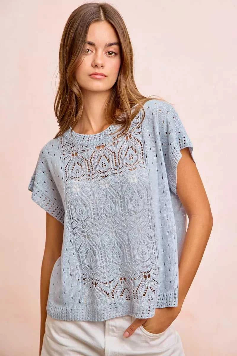 BiBi Washed Eyelet Short Sleeve Breathable Knit Top 100100212911752 43 Affordable Fashion Under $100 Jerry's Apparel 