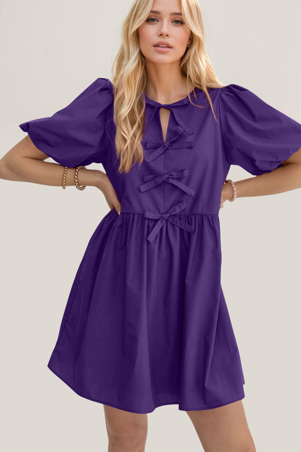 Oh Bow Ruched Puff Sleeve Mini Dress