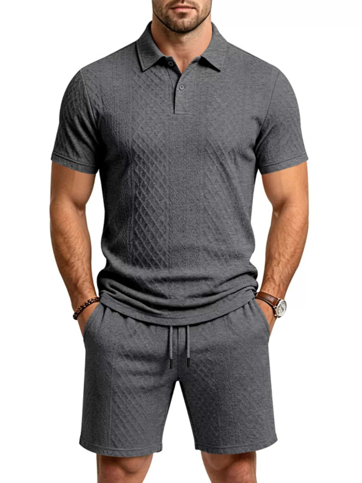 Men's Full Size Textured Short Sleeve Polo and Shorts Set Plus Size 100400456225326 35 Men's Sets Jerry's Apparel 