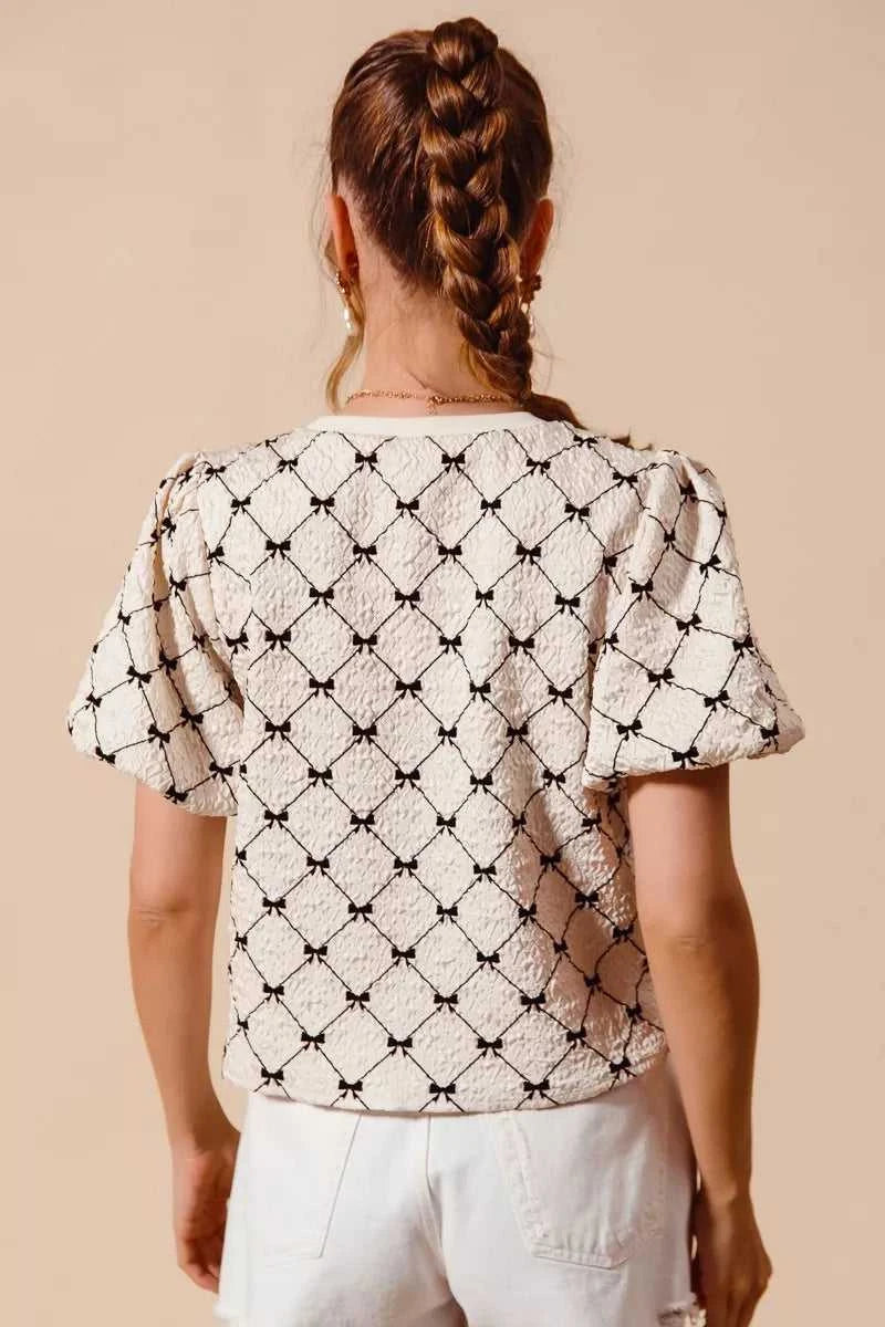 SO ME Bow Texture Woven Bubble Sleeve Top 100100611111697 44 Affordable Fashion Under $100 Jerry's Apparel 
