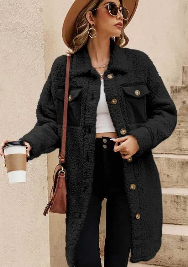 Collared Neck Long Sleeve Longline Teddy Jacket 100100830248539 60 Affordable Fashion Under $100 Jerry's Apparel 