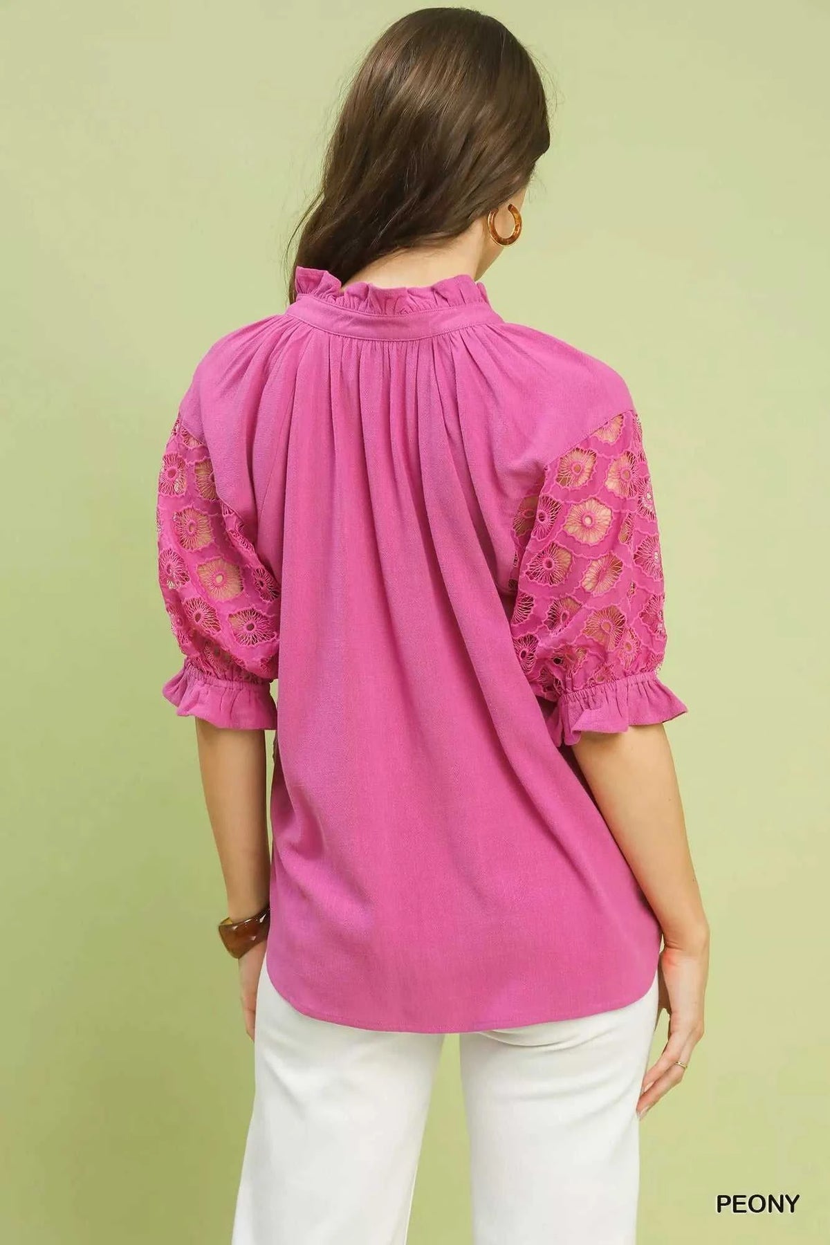 Umgee Linen V-Neck Lace Puff Sleeve Top 100100779041391 66 Affordable Fashion Under $100 Jerry's Apparel 