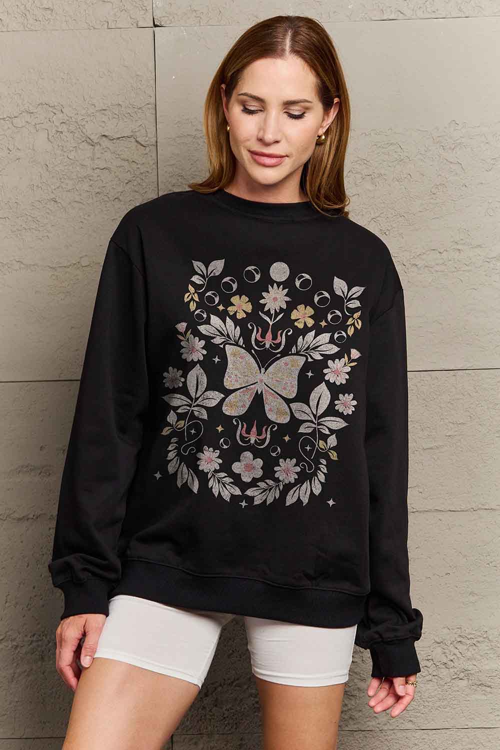 Full Size Flower and Butterfly Graphic Sweatshirt