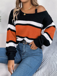 Color Block Asymmetrical Neck Long Sleeve Sweater