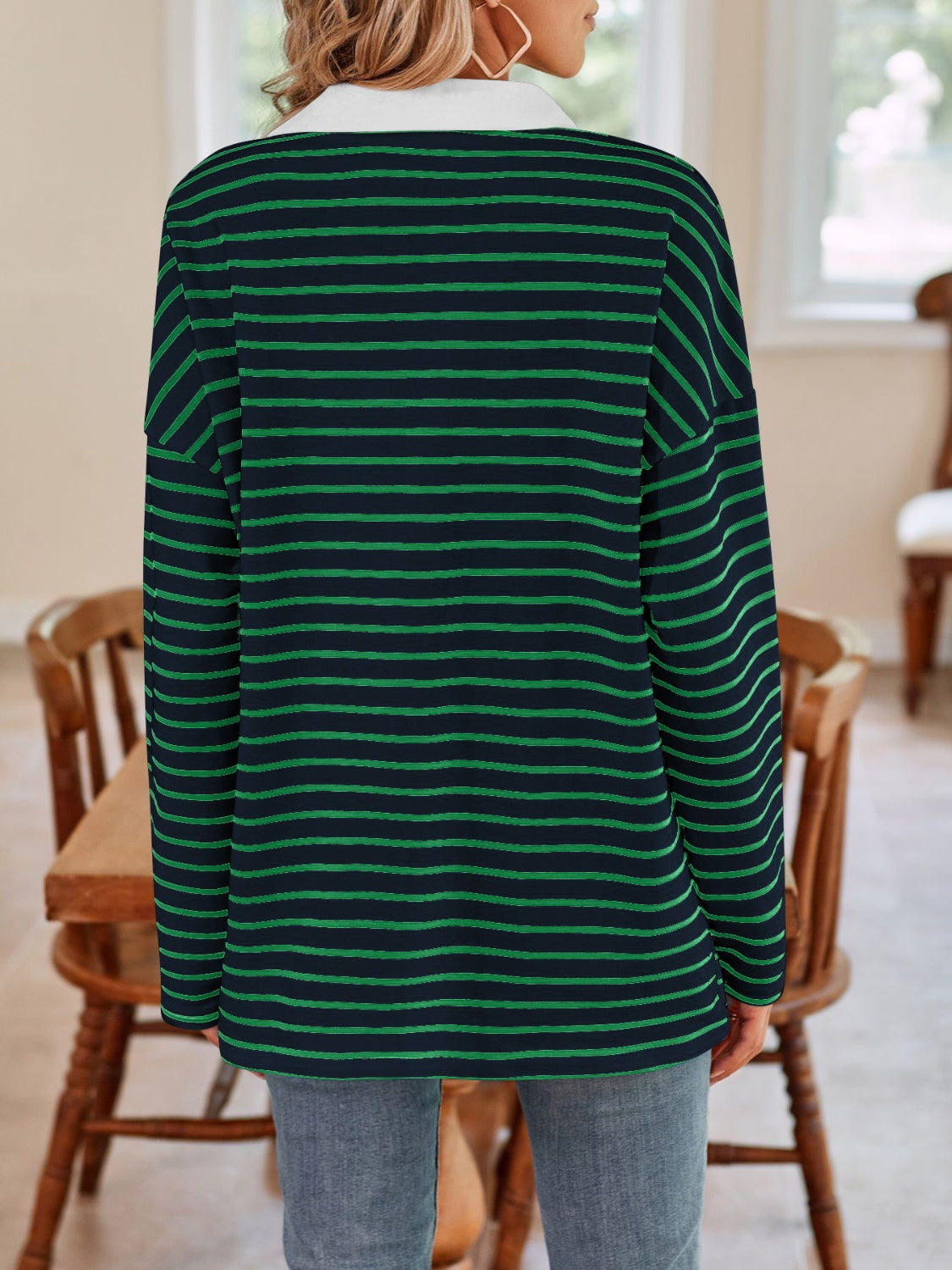 Striped Johnny Collar Long Sleeve T-Shirt