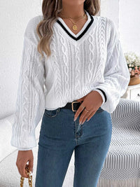 V-Neck Cable Knit Sweater with Striped Trim 101002502315459 35 Affordable Fashion Under $100 Jerry's Apparel 