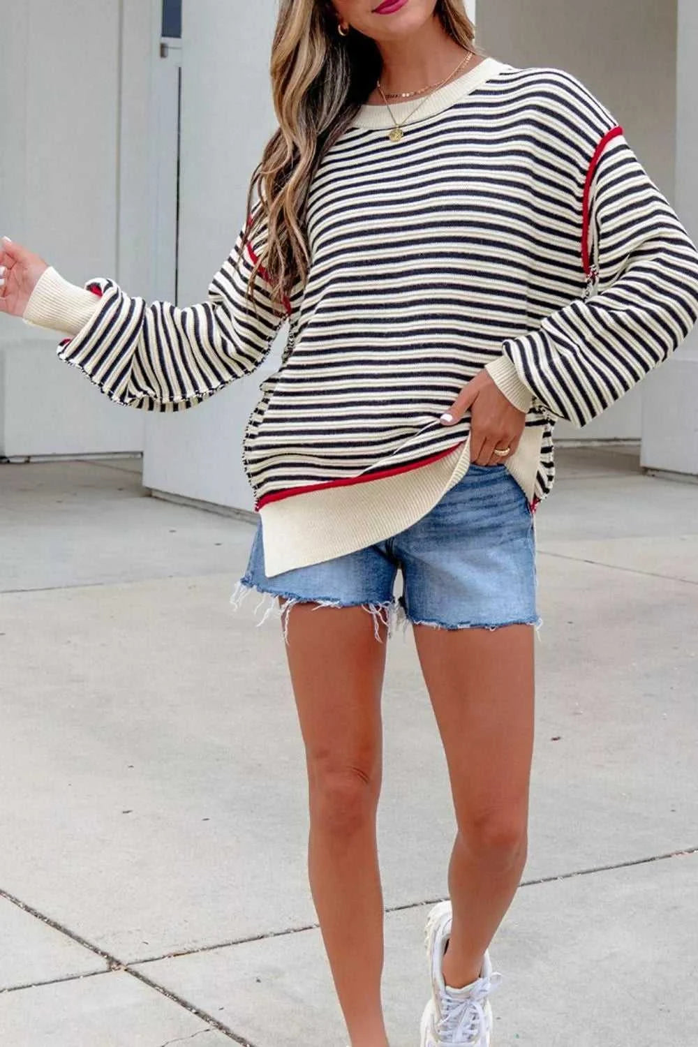 Stripe Ribbed Trim Drop Shoulder Oversized Sweater 100100407322838 55 Affordable Fashion Under $100 Jerry's Apparel 