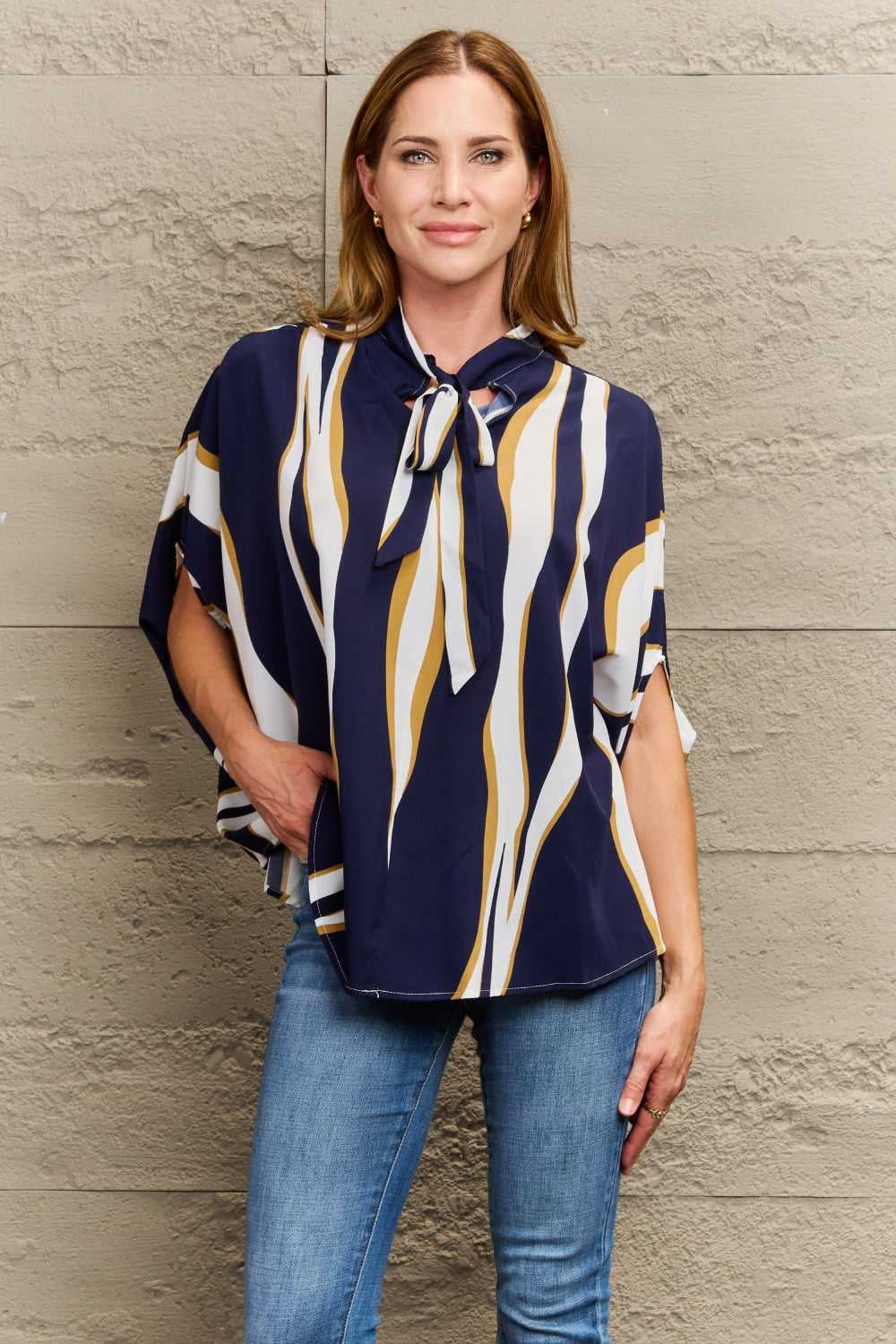Perfee Tie Neck Printed Slit Sleeve Blouse 100101335742177 28 Affordable Fashion Under $100 Jerry's Apparel 