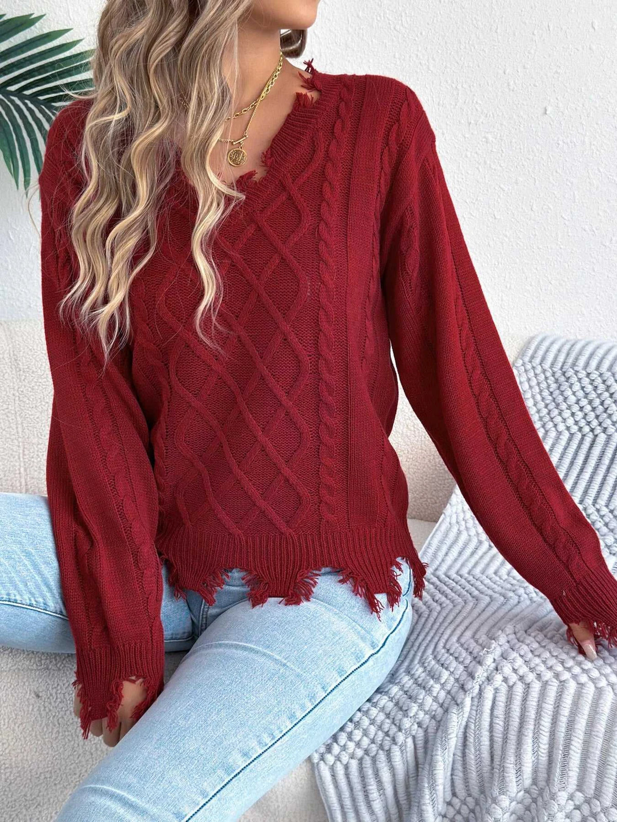 V-Neck Distressed Hem Cable Knit Sweater 101002745879602 36 Affordable Fashion Under $100 Jerry's Apparel 