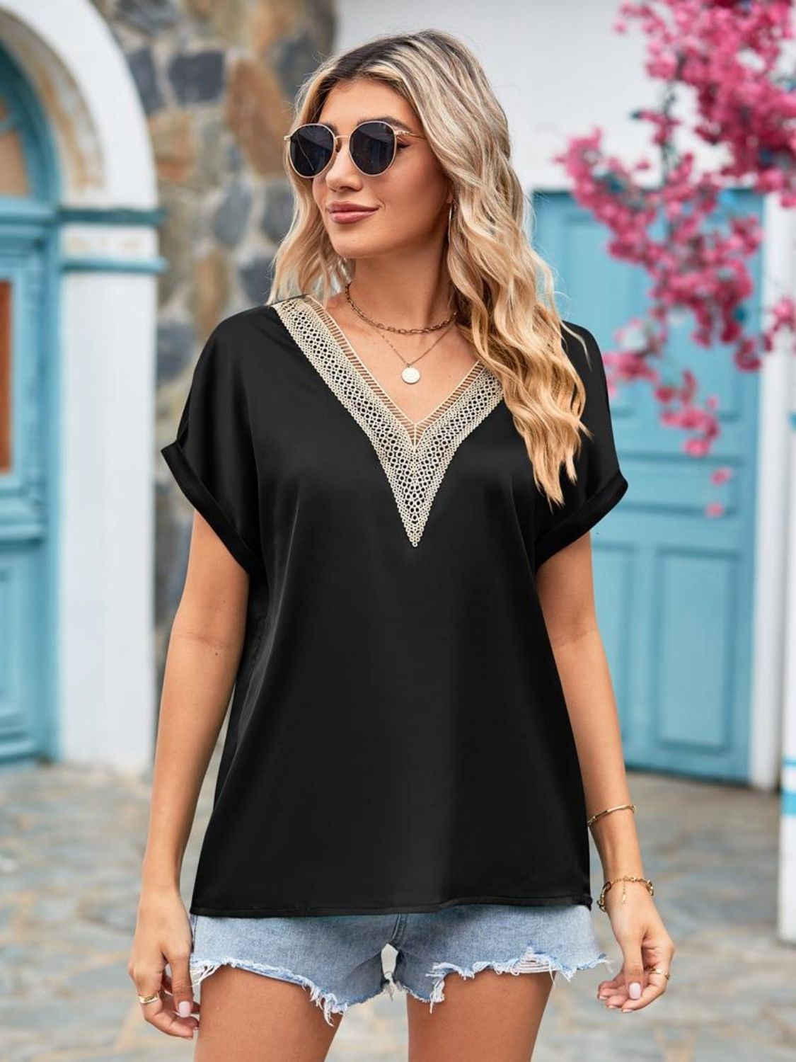 Mandy V-Neck Cuffed Blouse