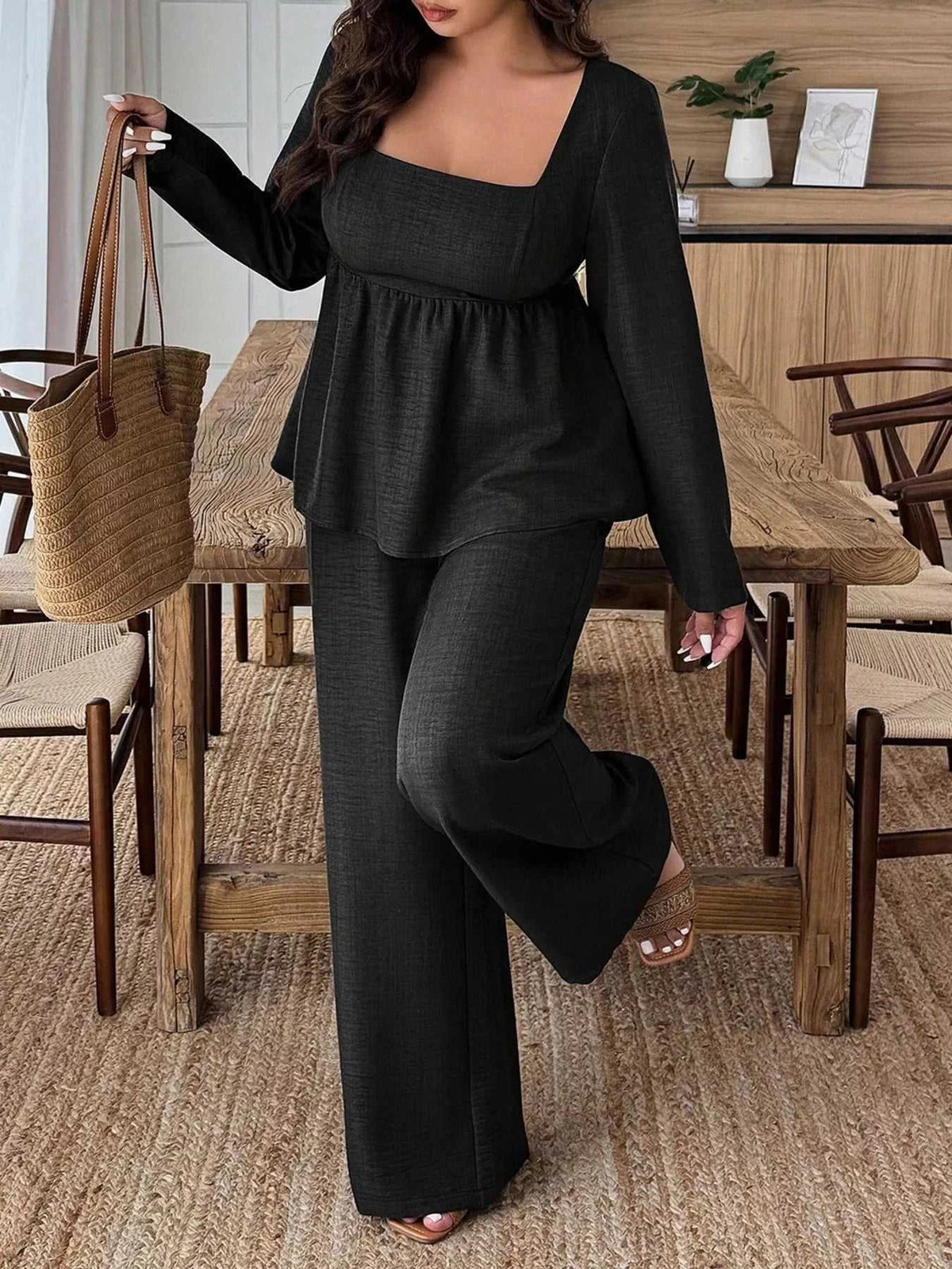 Plus Size Square Neck Long Sleeve Top and Pants Two-Piece Set 100100350212166 38 Affordable Fashion Under $100 Jerry's Apparel 