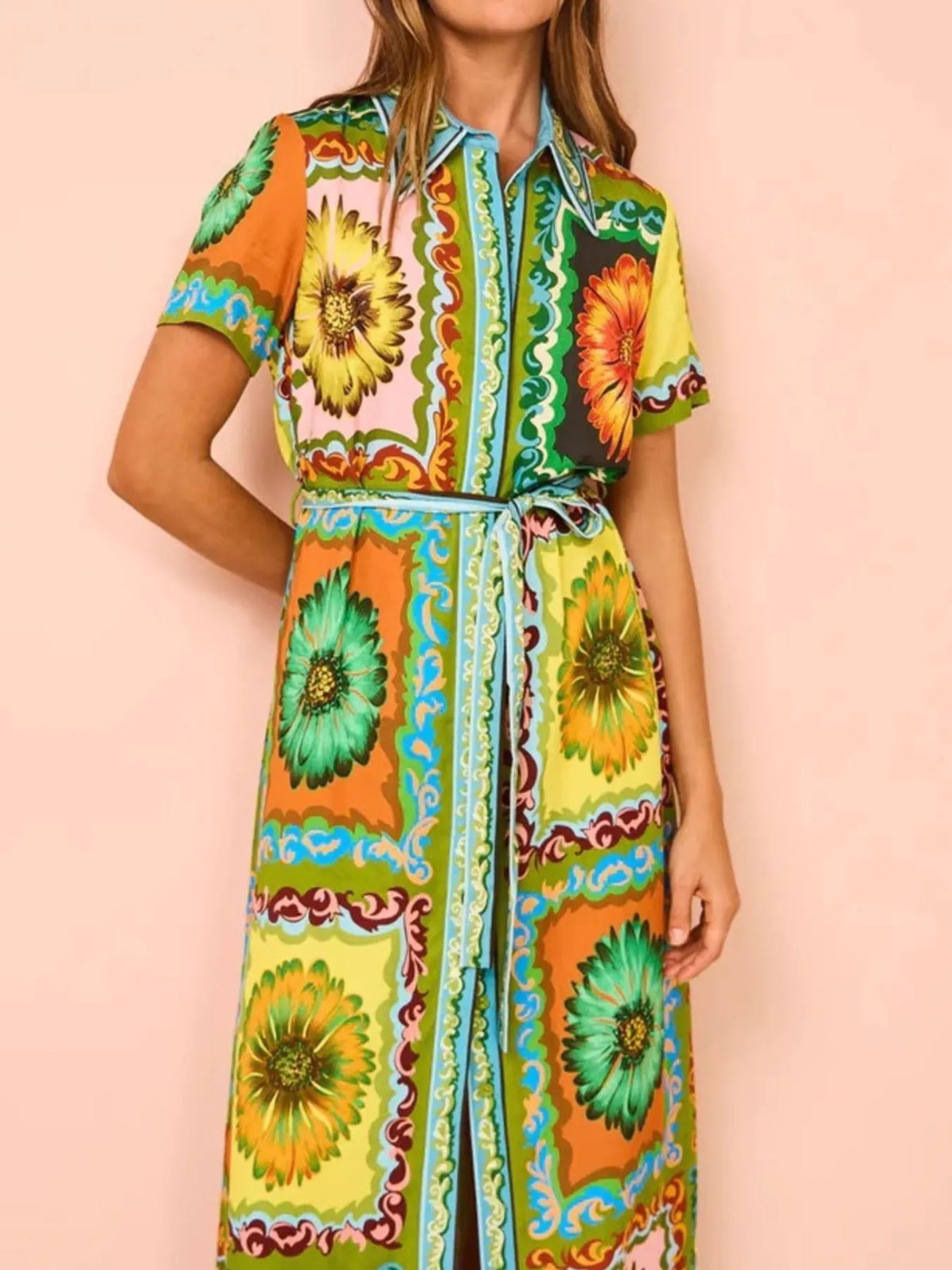 Printed Maxi Shirt Dress with Belt