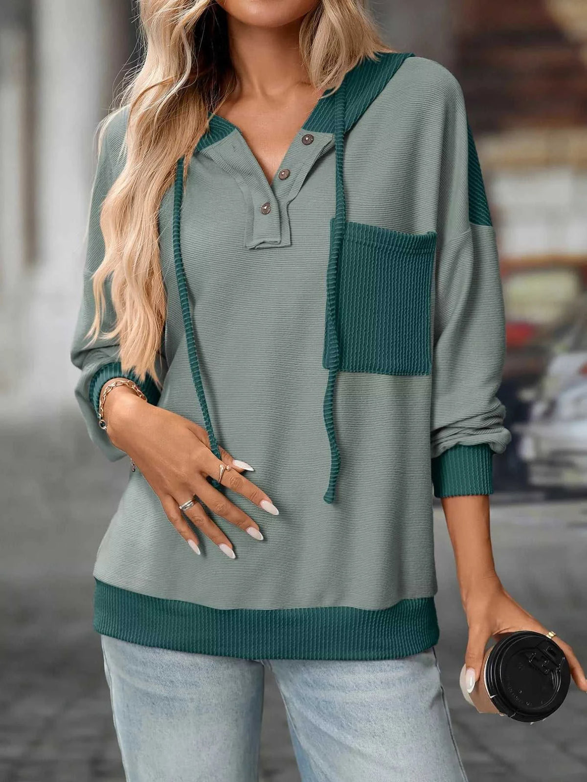 Casual Color Block Button Detail Hoodie 100100649841441 43 Affordable Fashion Under $100 Jerry's Apparel 