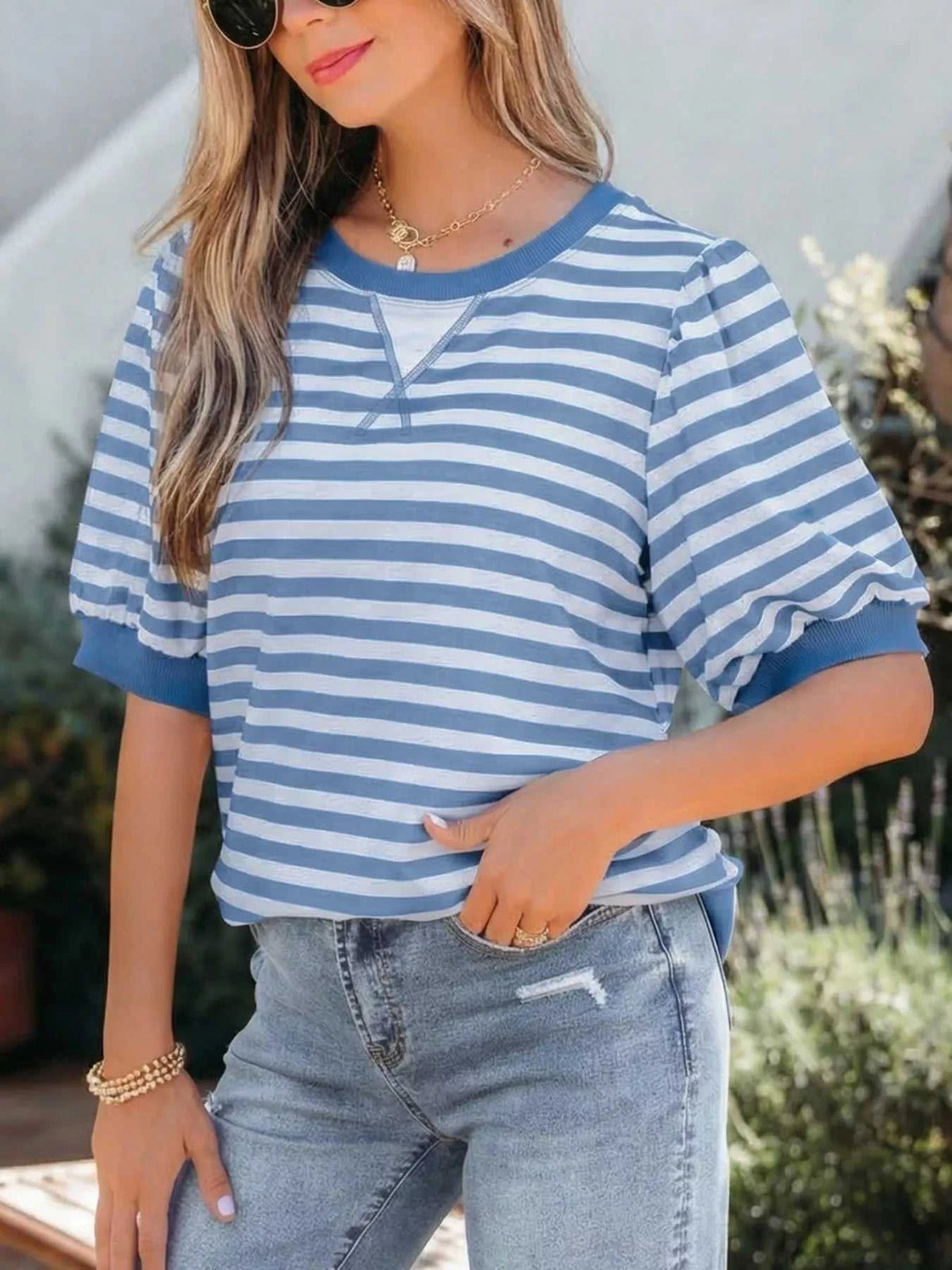 Stripe Short Bubble Sleeve T Shirt 100100135720202 29 Affordable Fashion Under $100 Jerry's Apparel 