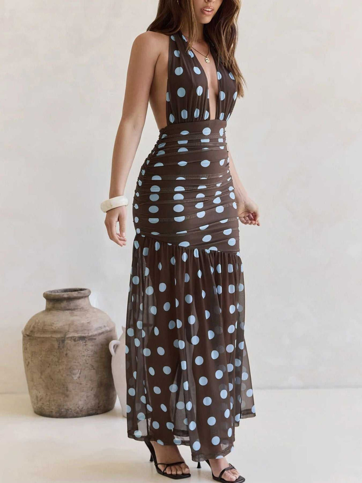 Polka Dot Halter Ruched Maxi Dress 100100900167641 56 Gifts for Her Jerry's Apparel 
