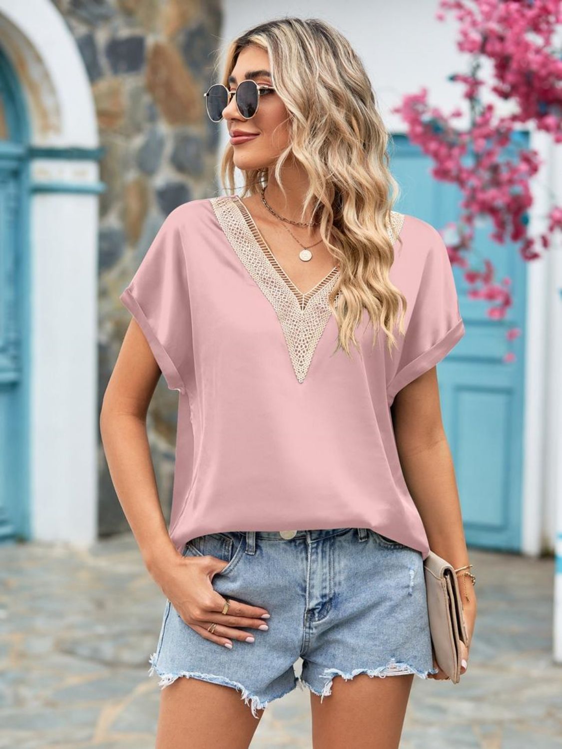 Mandy V-Neck Cuffed Blouse